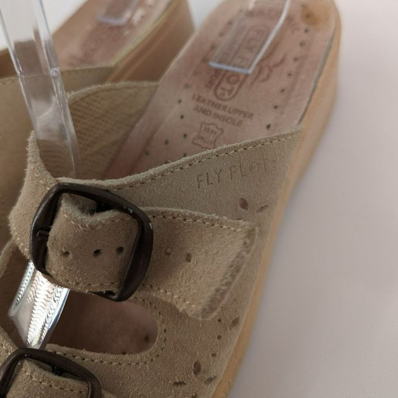 Fly Flot Slides 37 5.5 Tan Leather Two Strap Buckle Open Toe Italy Made Comfort - Picture 6 of 14